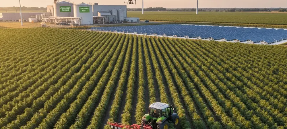 Vista aérea de maquinaria agrícola de precisión aplicando fertilizantes de forma eficiente en un campo verde bajo estándares europeos.