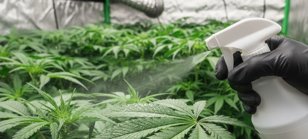 Primer plano de un cultivador aplicando un tratamiento preventivo con pulverizador sobre un cultivo de marihuana saludable en un armario de cultivo.