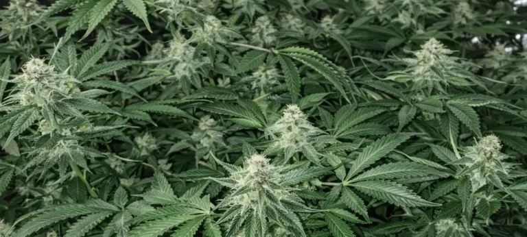 Canopia densa de Bubba Kush en floración media en cultivo interior con múltiples puntos de flor