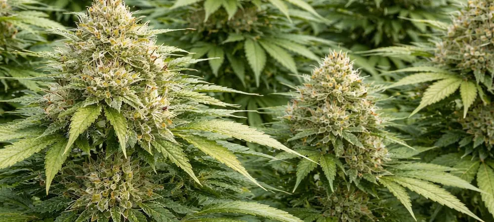 Plantas de Cheese en floración exterior con cogollos formados y alta producción de resina