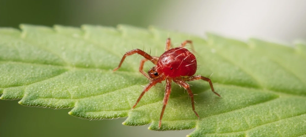 Primer plano detallado de un ejemplar adulto de araña roja (Tetranychus urticae) sobre el tejido verde de una hoja de marihuana.