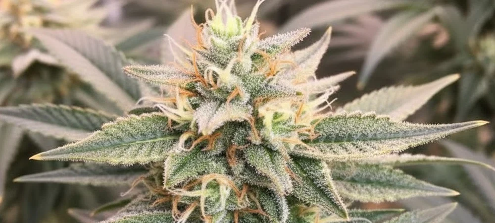 Primer plano horizontal de un cogollo de Wedding Cake en fase de engorde, mostrando pistilos anaranjados y una densa capa de resina blanca.