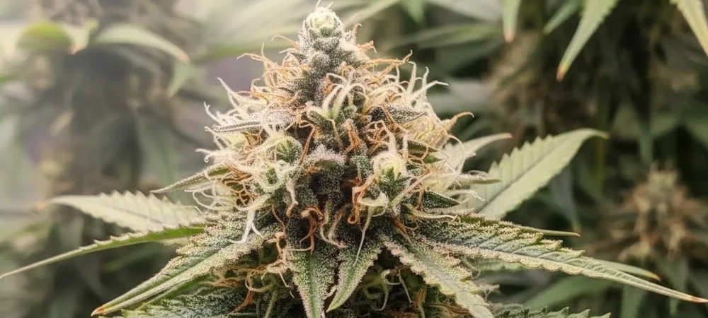 Primer plano de un cogollo de Zkittlez cubierto de tricomas y pistilos naranjas cultivado con la gama biomineral de Boom Nutrients.