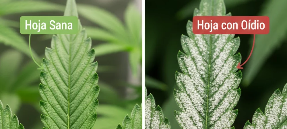 Comparativa visual de dos hojas de cannabis: a la izquierda una hoja sana de color verde intenso y a la derecha una hoja infectada cubierta de manchas blancas de oídio.