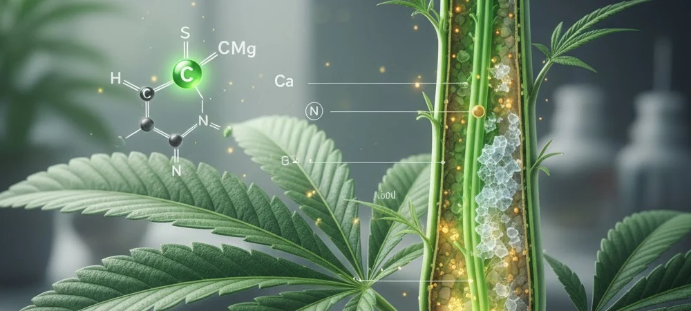 Infografía detallada que muestra la estructura interna de una planta y la sinergia molecular entre el Calcio (Ca) y el Magnesio (Mg)