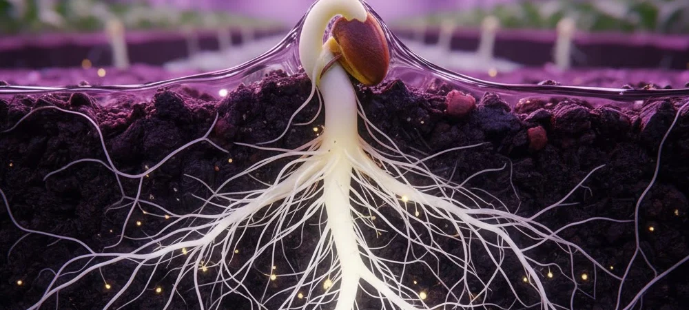 rimer plano de una semilla germinando en la tierra, mostrando la radícula rompiendo la cáscara para iniciar el desarrollo radicular
