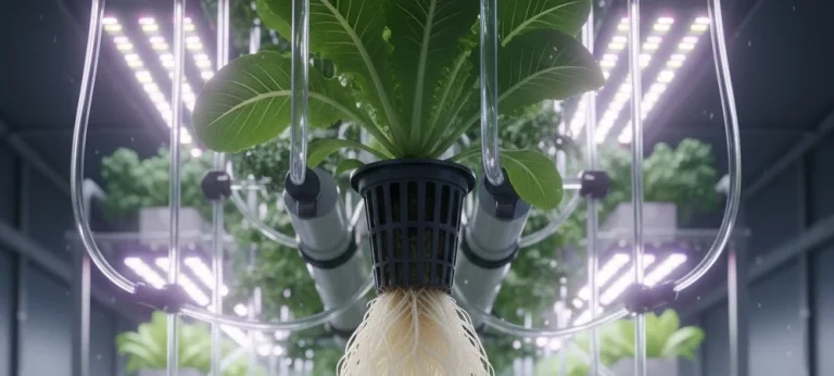 Cultivo hidropónico en una granja vertical moderna con iluminación LED avanzada y sistemas de riego automatizados para máxima eficiencia.