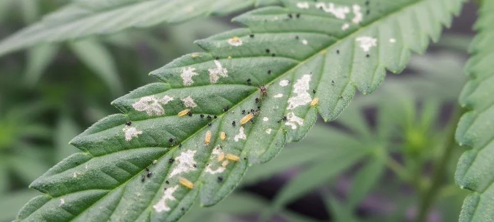 Detalle de una hoja de marihuana con presencia de larvas de trips de color amarillento y pequeños puntos negros correspondientes a sus excrementos.