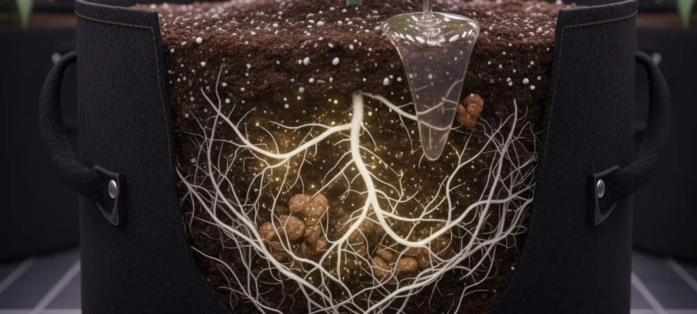 Detalle hiperrealista de raíces de plantas recibiendo un riego de limpieza para descomponer materia orgánica y eliminar el exceso de sales