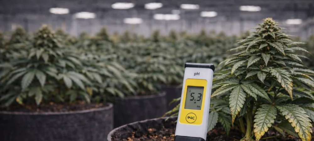 medidor digital de ph en sustrato de cultivo indoor mostrando medicion para control nutricional