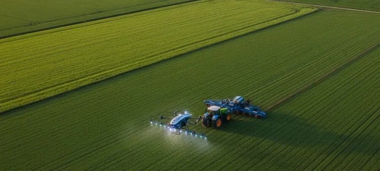 Campo de cultivo en Europa con tractor, paneles solares y aerogeneradores, simbolizando la sostenibilidad en el mercado de fertilizantes para 2026.