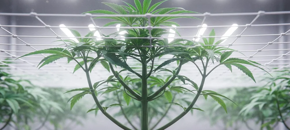 Planta en fase vegetativa con red de SCROG instalada, mostrando un sistema radicular sano y fuerte bajo el sustrato.