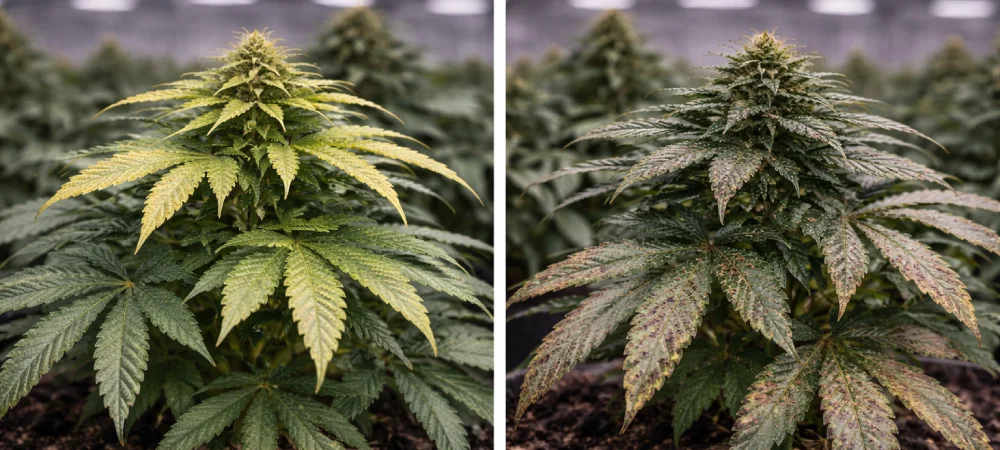 comparativa de plantas con sintomas de ph desequilibrado mostrando clorosis y manchas necróticas en hojas