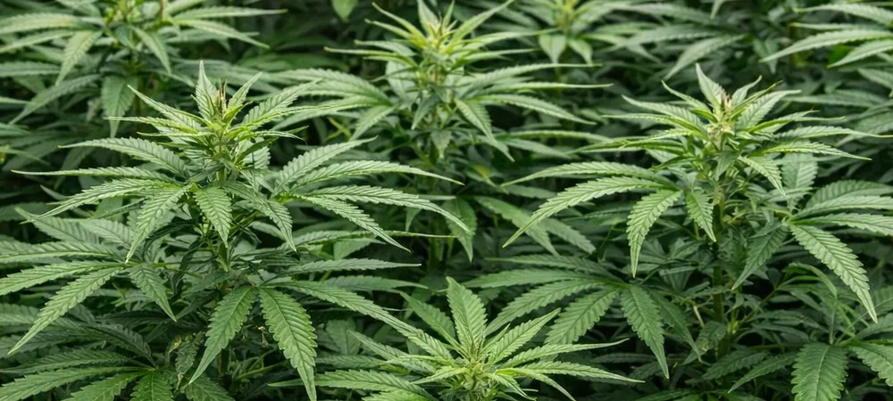 Cultivo interior de Skunk #1 en fase de crecimiento con varias plantas formando la canopia
