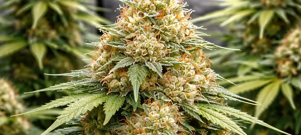 Planta de Skunk #1 en floración avanzada con cogollos densos y alta producción de resina