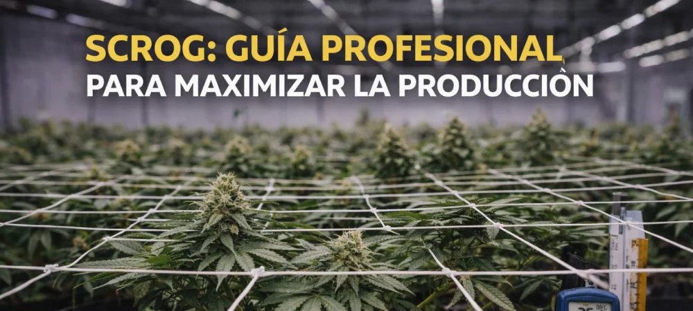 Plano general de un cultivo de interior utilizando la técnica Screen of Green para maximizar la producción y homogeneidad de las flores.