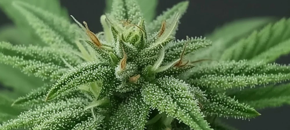 Detalle macro de las glándulas de resina y tricomas de una planta Zkittlez en su punto óptimo de maduración para la cosecha.